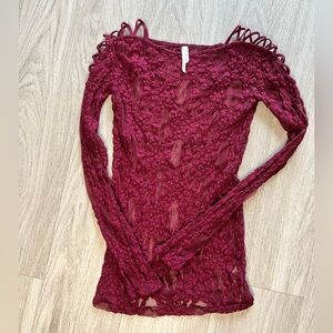 Maroon Free People Intimate Lace Long Sleeve Shirt